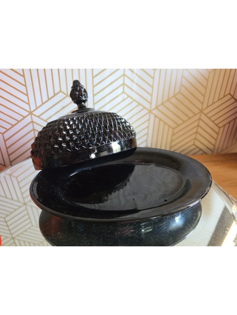Vintage Tiara Indiana Black Diamond Point Glass Butter Keeper Dish 2 Pc EUC